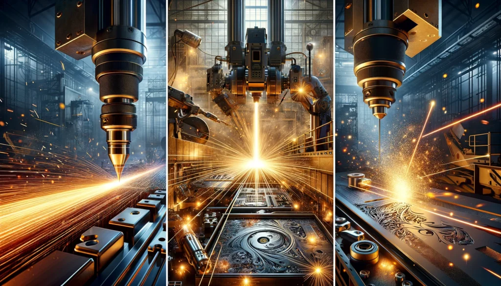 dall·e 2024 03 13 19.51.30 create a dynamic and detailed image representing the use of co2 lasers in industry highlighting three distinct processes cutting welding and engra
